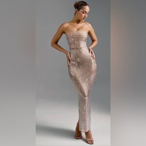 Oh Polly AMAYA Embellished Bandeau Maxi Dress in Almond